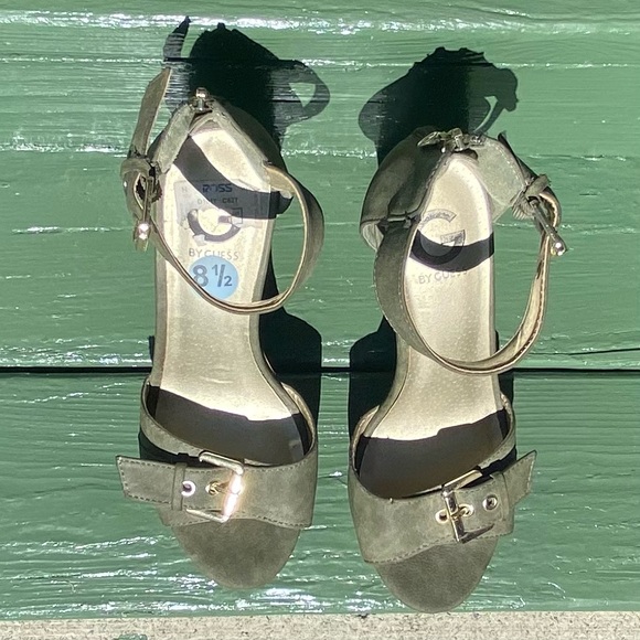 G by Guess woman suede olive green strapped wooden heel sandals. 8.5. Used. - Picture 6 of 7